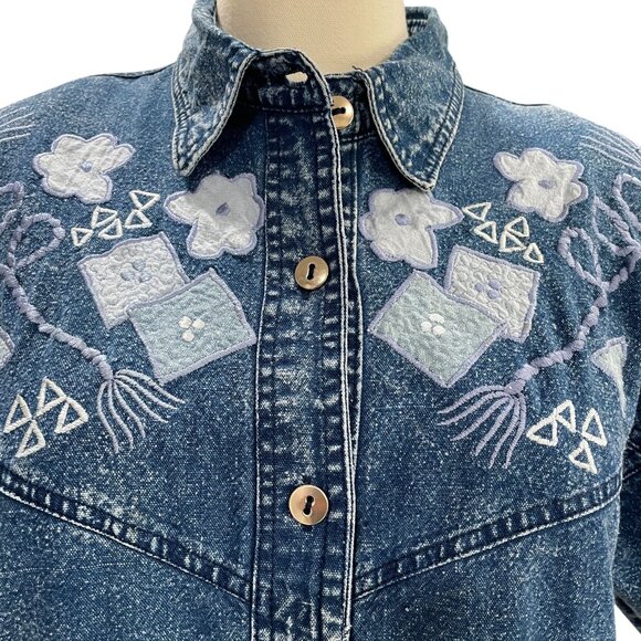 Vintage Pearl River Denim Skirt Set Acid Wash Floral Embroidered Cottagecore L - Picture 10 of 10